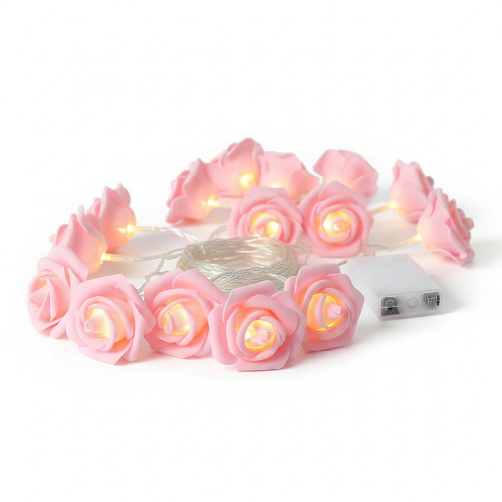 Pink velvet 3D rose fairy lights with warm glow, vintage-inspired battery pack, retro home decor from Australia.