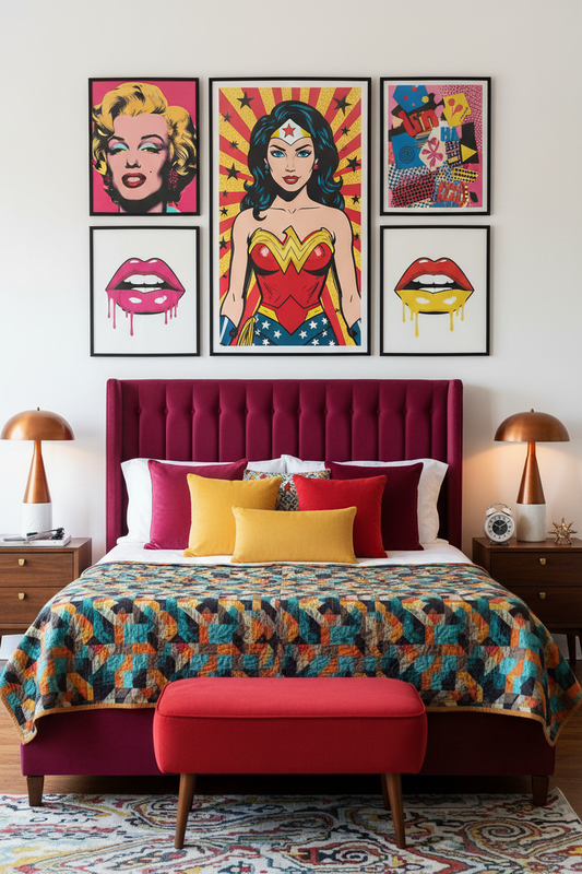 Women Pop Art Wall Art Set of 5 styled as a gallery wall in a retro mid-century bedroom