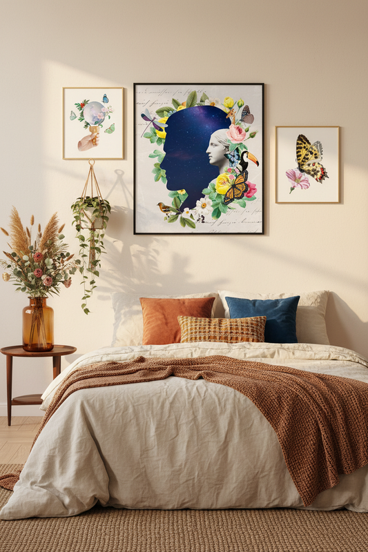 Retro Celestial Botanical Art Print Set of 3 framed as gallery wall in styled boho retro bedroom