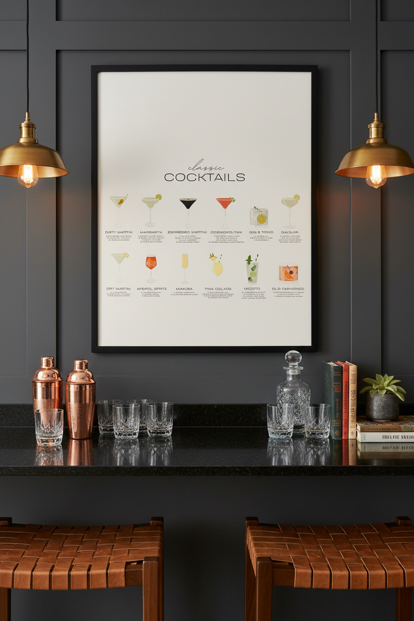 Cocktail Bar Wall Art Set of 6 framed in a styled home bar