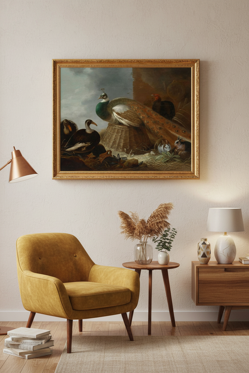Vintage Bird Art Print Set of 5 framed in a styled retro mid-century living room