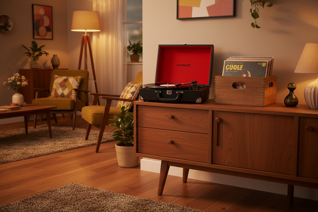 mbeat Retro Briefcase Turntable Lifestyle Mockup