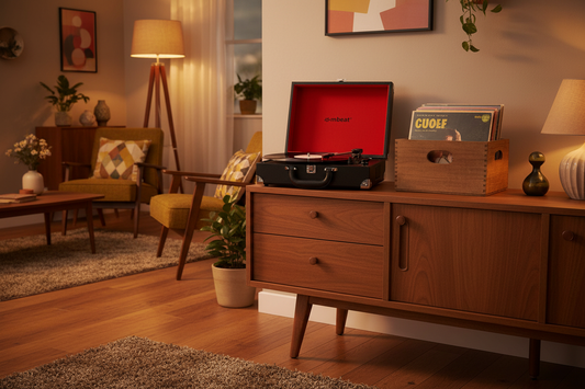 mbeat Retro Briefcase Turntable Lifestyle Mockup