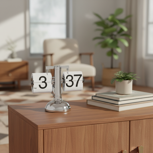 A modern silver flip-clock desk calendar showing 3:37, styled on a wooden cabinet in a bright, modern living room with books and a small plant.